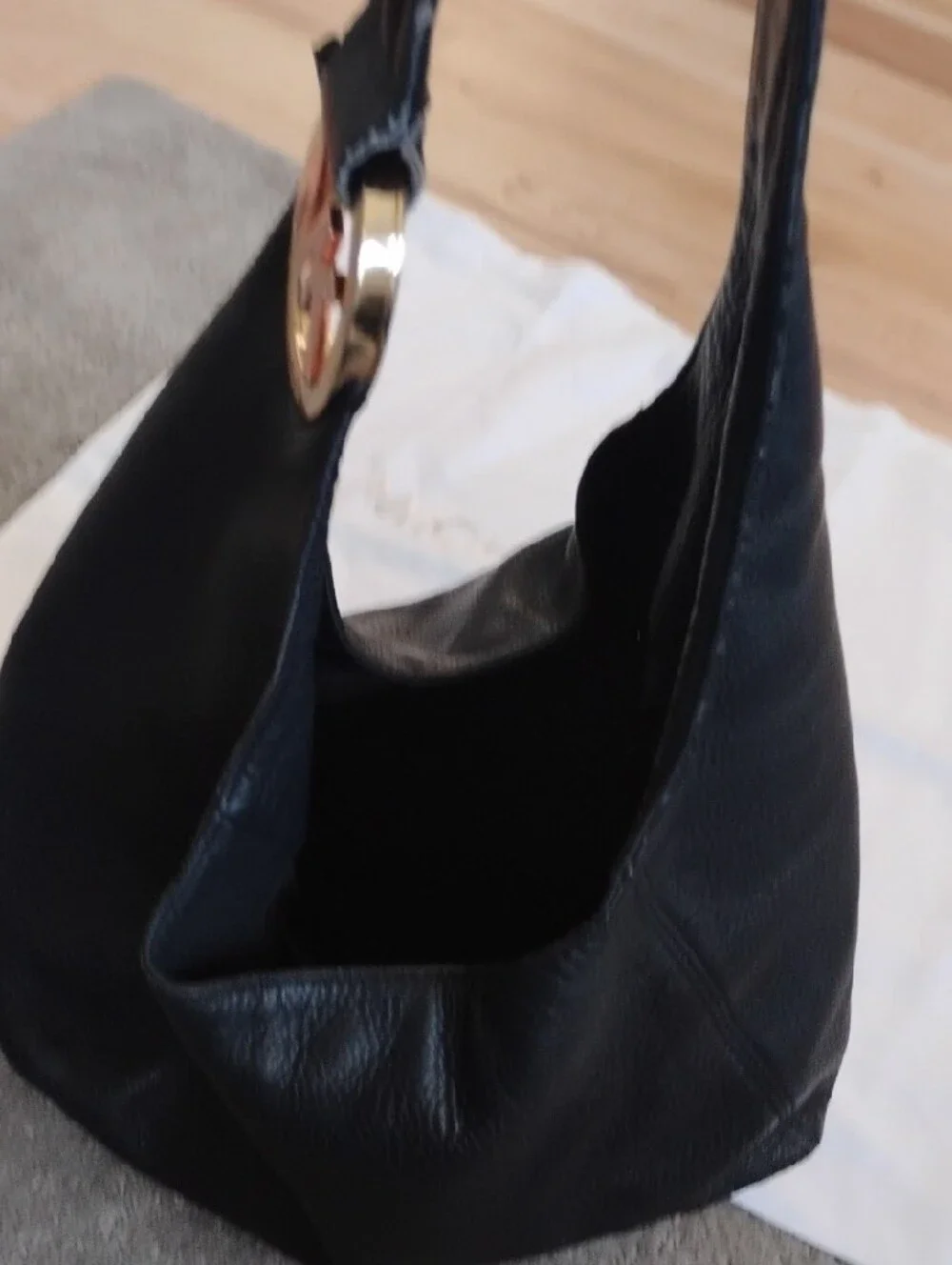 Michael Kors Black Leather Shoulder Hobo with Gold MK Charm